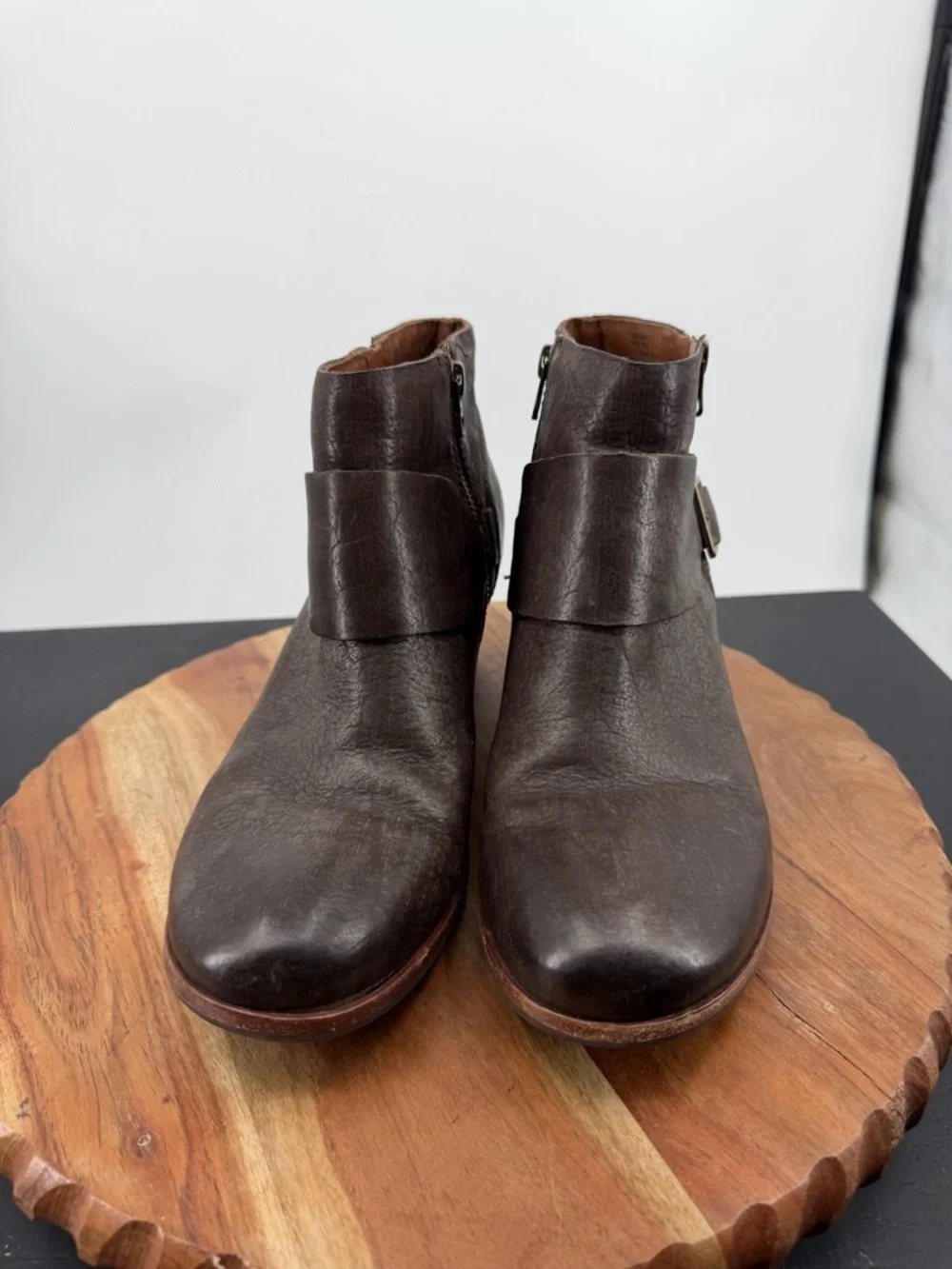 Kork-Ease Isa dark brown leather ankle booties buckle strap detail 10